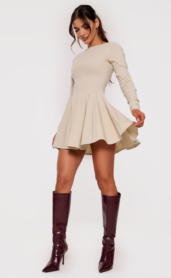 Gama Stone Stretch Woven Boat Neck Long Sleeve Pleated Shift Dress