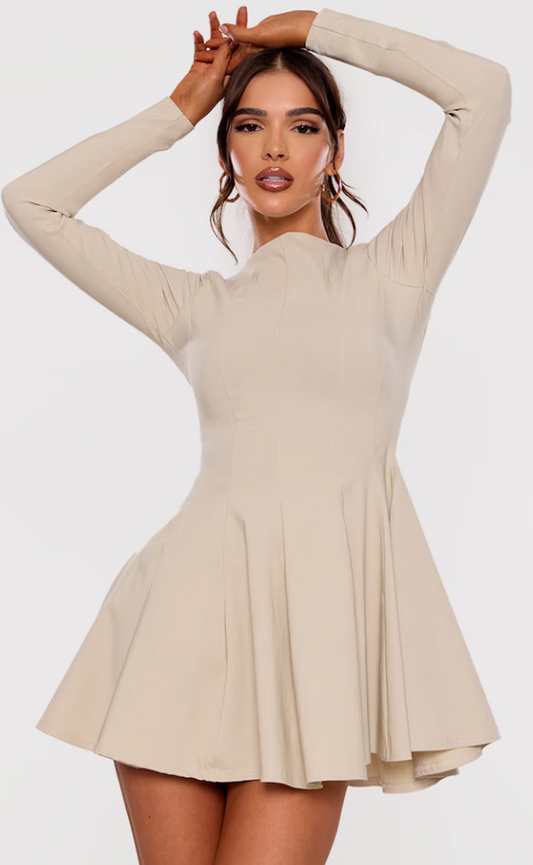 Gama Stone Stretch Woven Boat Neck Long Sleeve Pleated Shift Dress